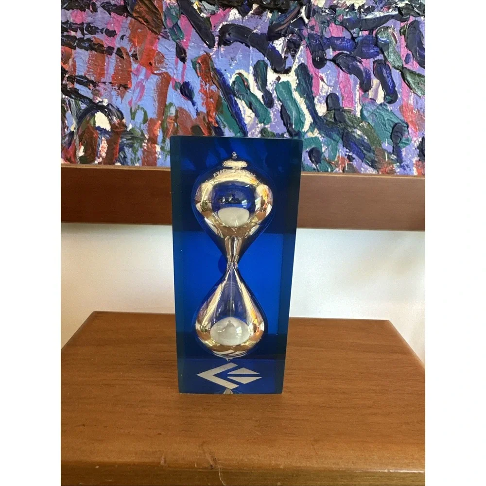 Vintage MCM Blue Lucite Acrylic Hourglass Paperweight Sand Timer Block Art